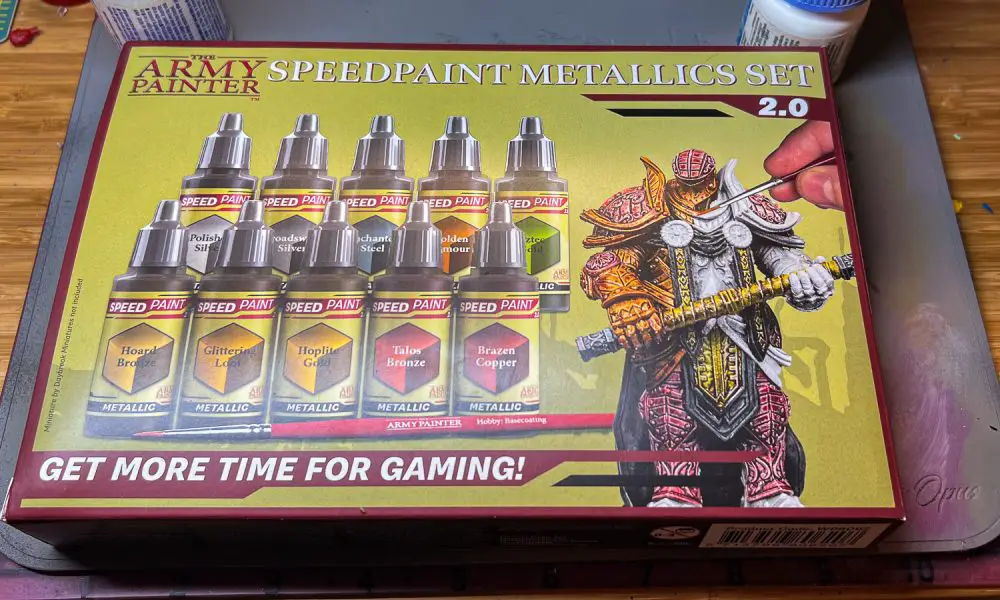 The box of Army Painter Metallic Speedpaints on a tabletop