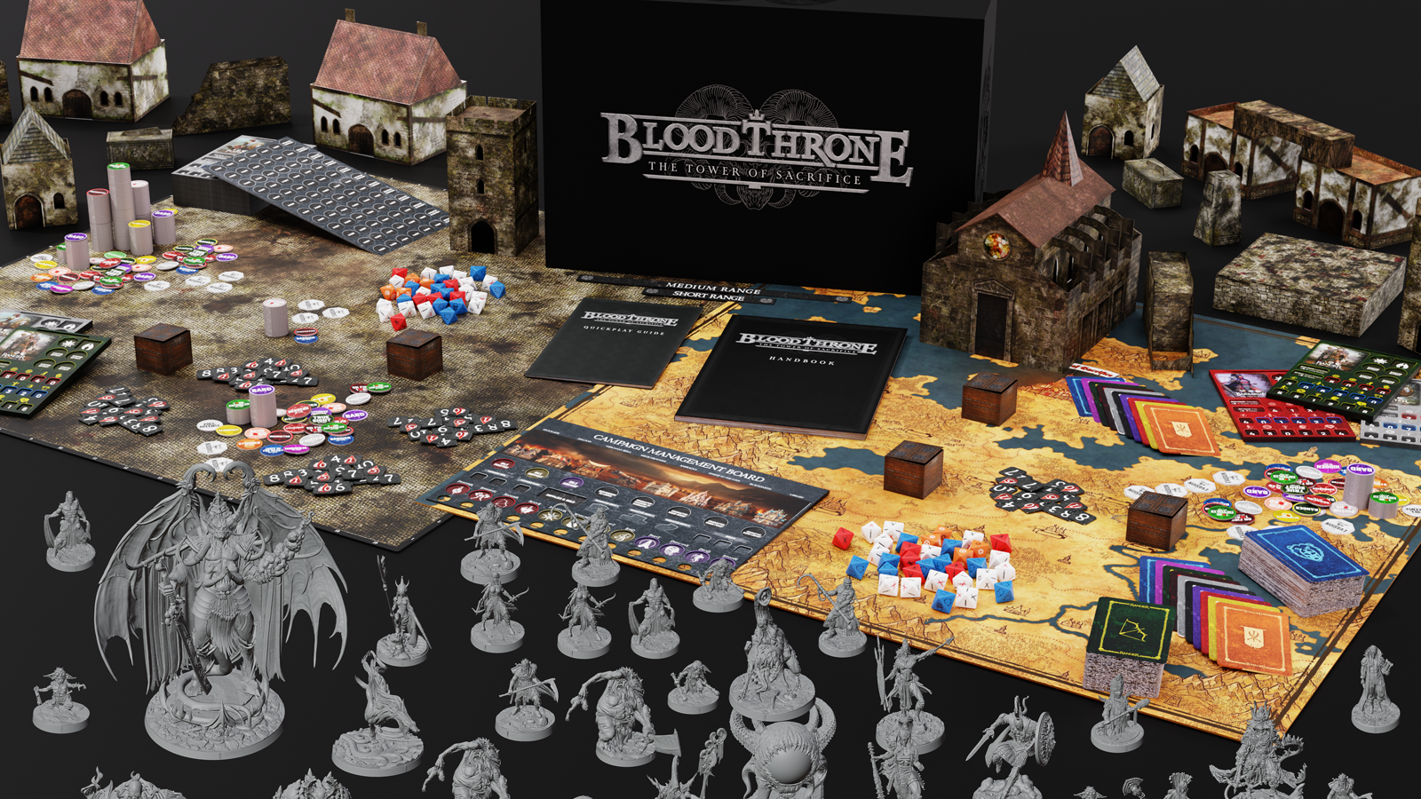 A photo showing some of the items Blood Throne comes with