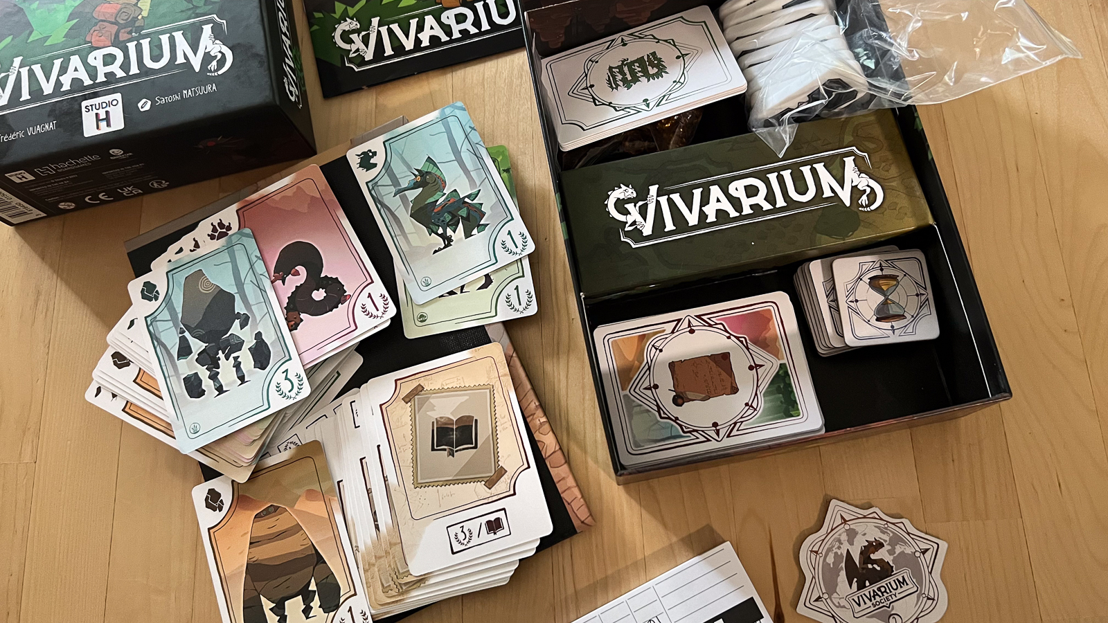 A photo of what comes in the vivarium box including cards, dominos, and plastic gems
