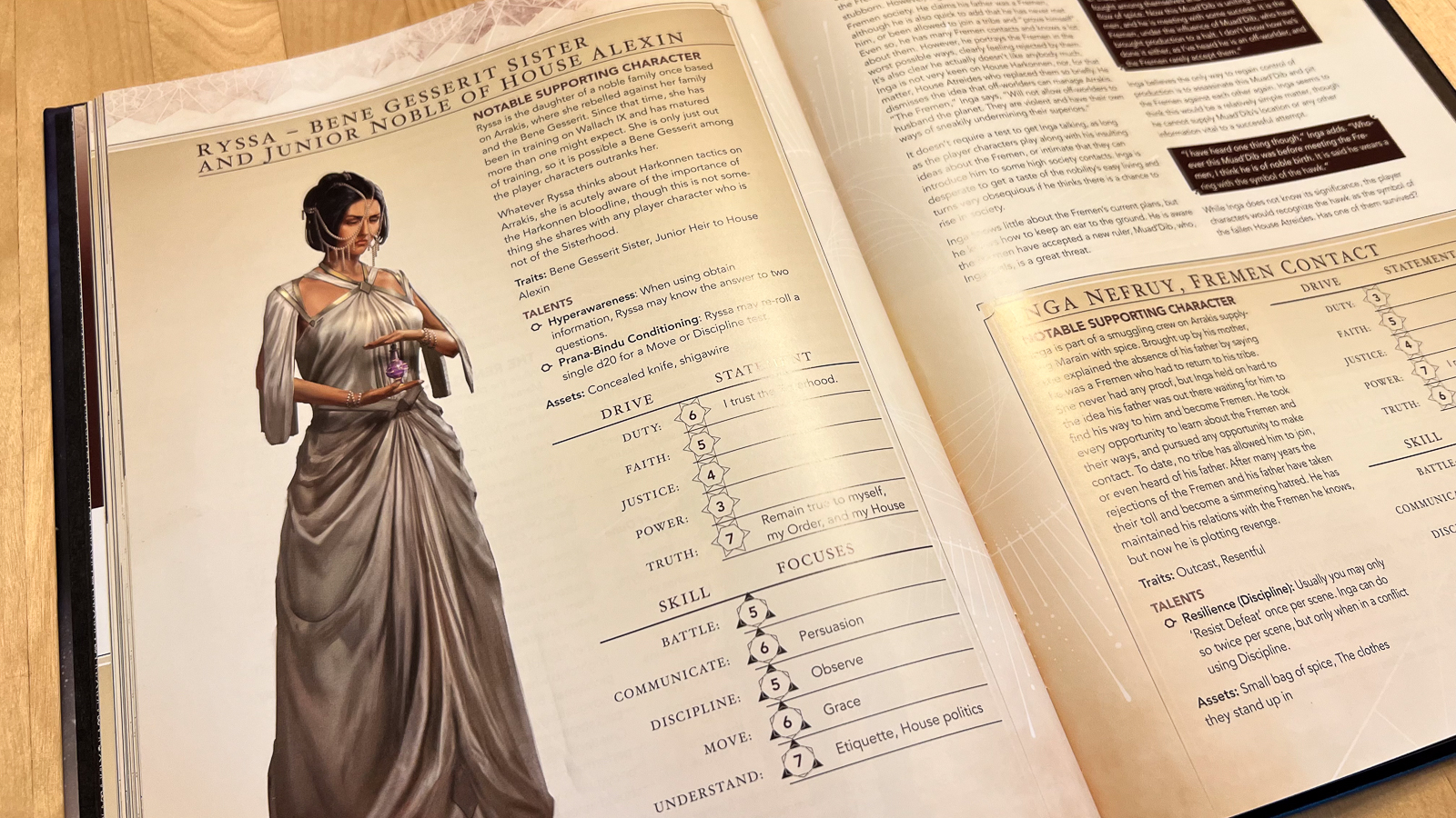 A photo of a character page in the Dune roleplaying game